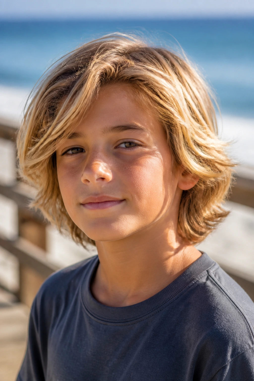 Close-up of a boy's Surfer Flow hairstyle with layered waves outdoors.