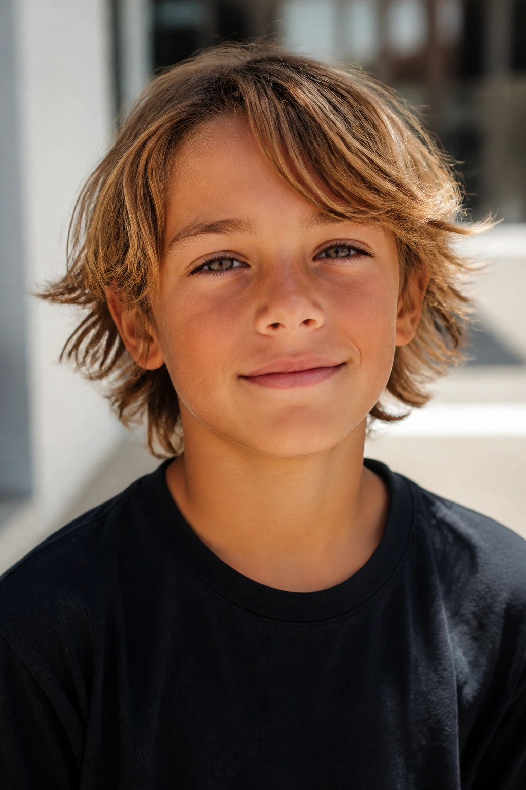 Close-up portrait of a boy with layered surfer haircut in a sunlit setting.