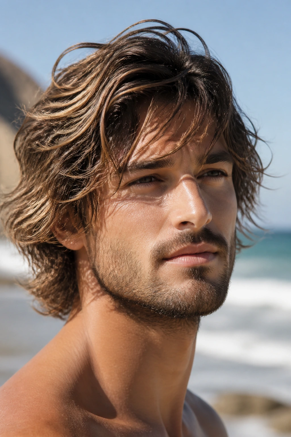 Portrait of a man with wind-swept surfer layers outdoors by the beach.
