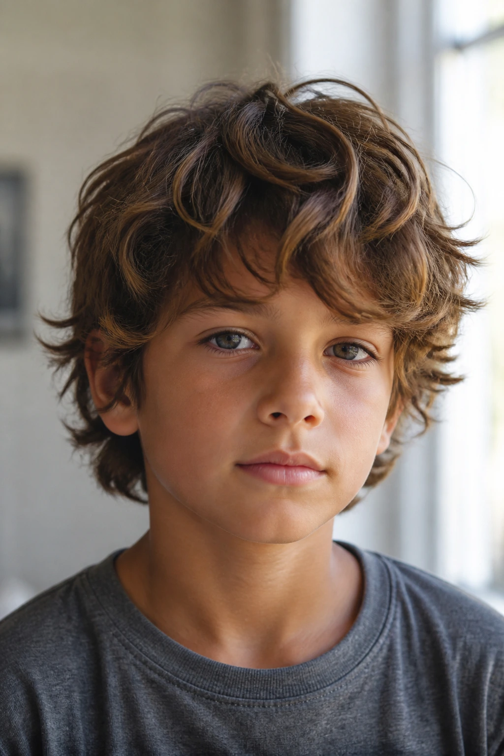 Close-up of a child with beachy surfer layers air-drying naturally in window light