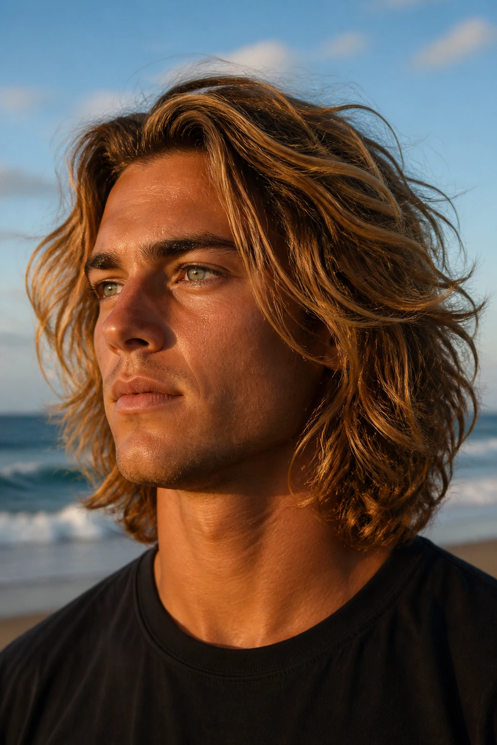 Close-up of a real man with wind-blown surfer layers at the beach during golden hour