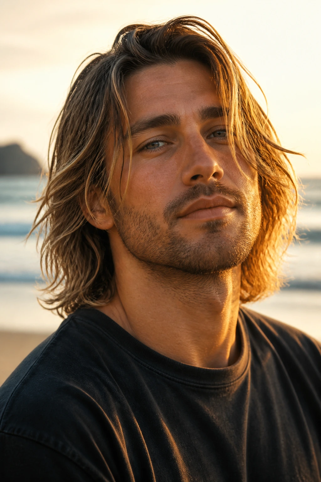 Portrait of a man with shoulder-length surfer-length hair at the beach during golden hour