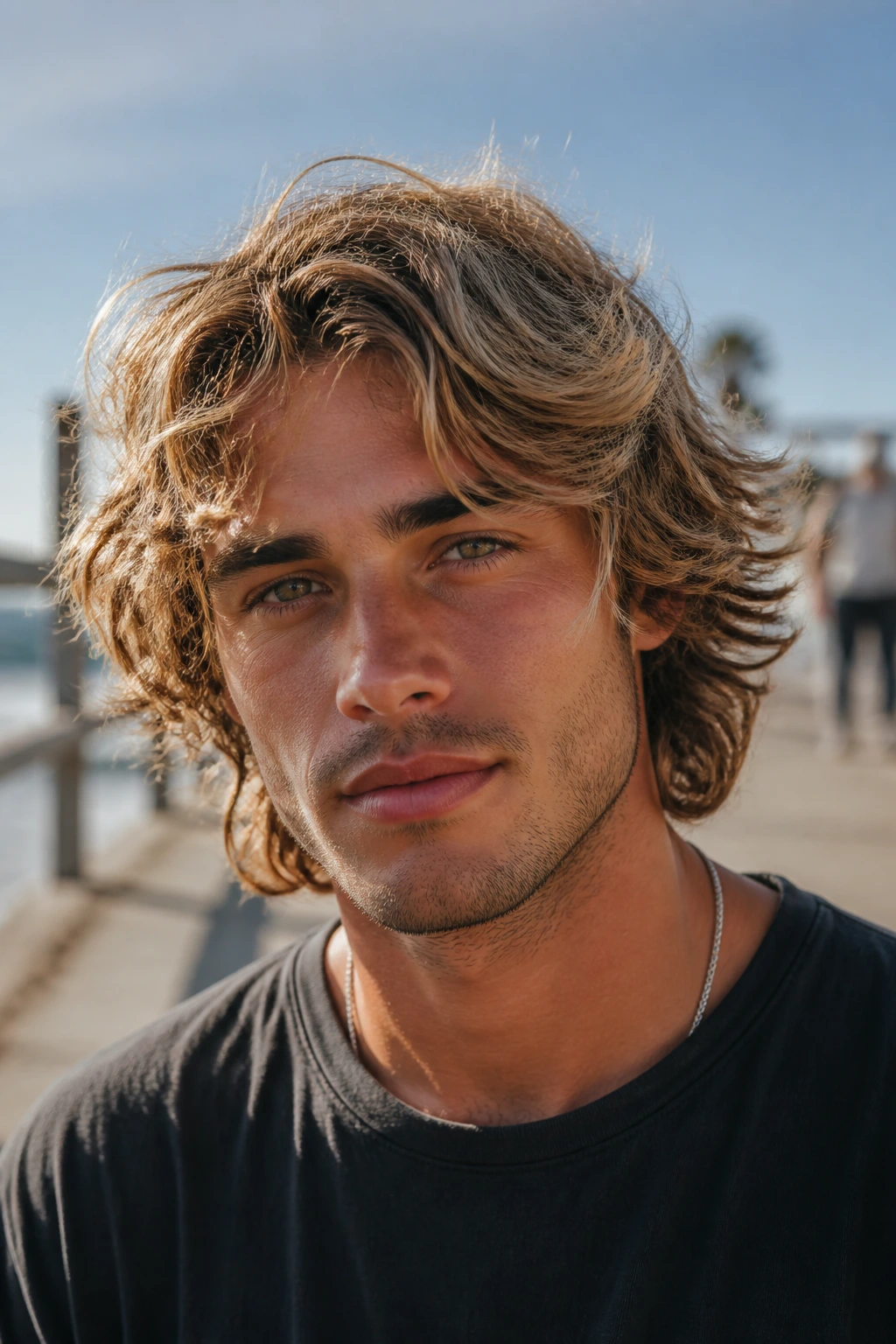 Close-up of a man with a surfer mop hairstyle on a sunny seaside boardwalk