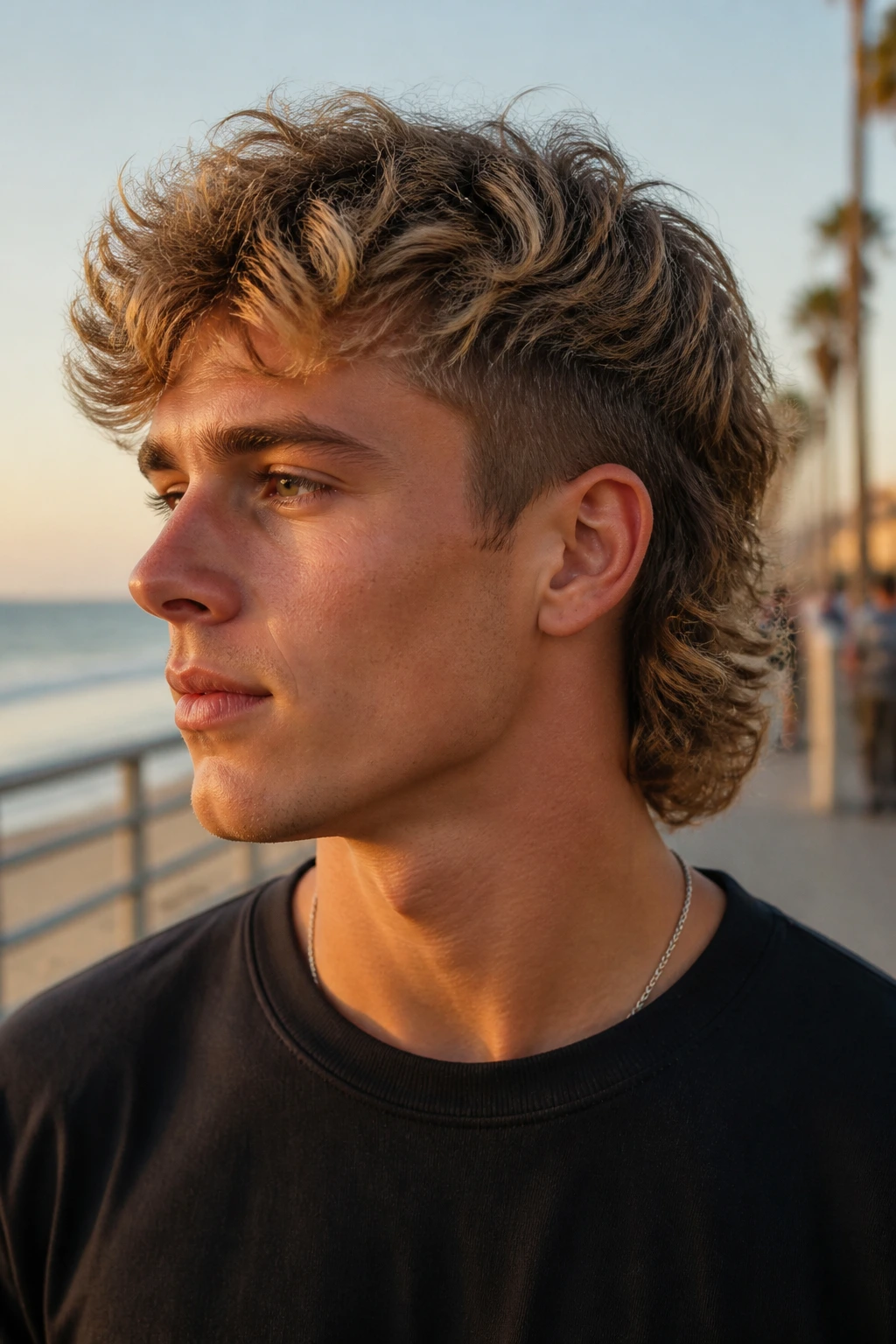Close-up of a real person with a surfer taper mullet on a beach boardwalk at golden hour.