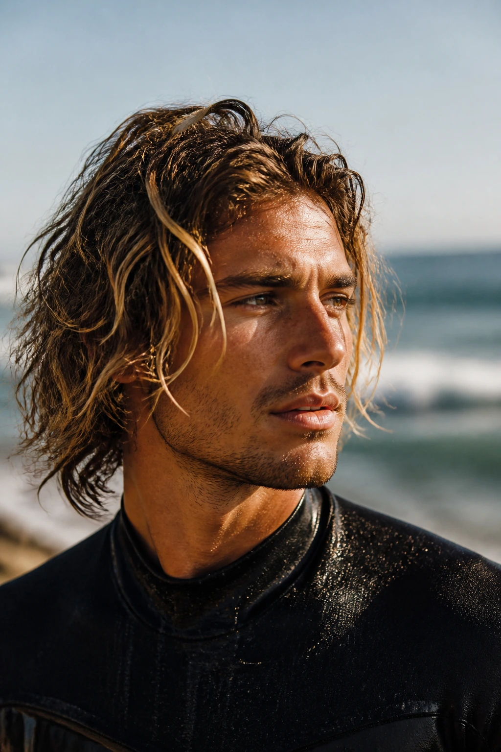 Man with surfer waves hairstyle at the beach under warm sun