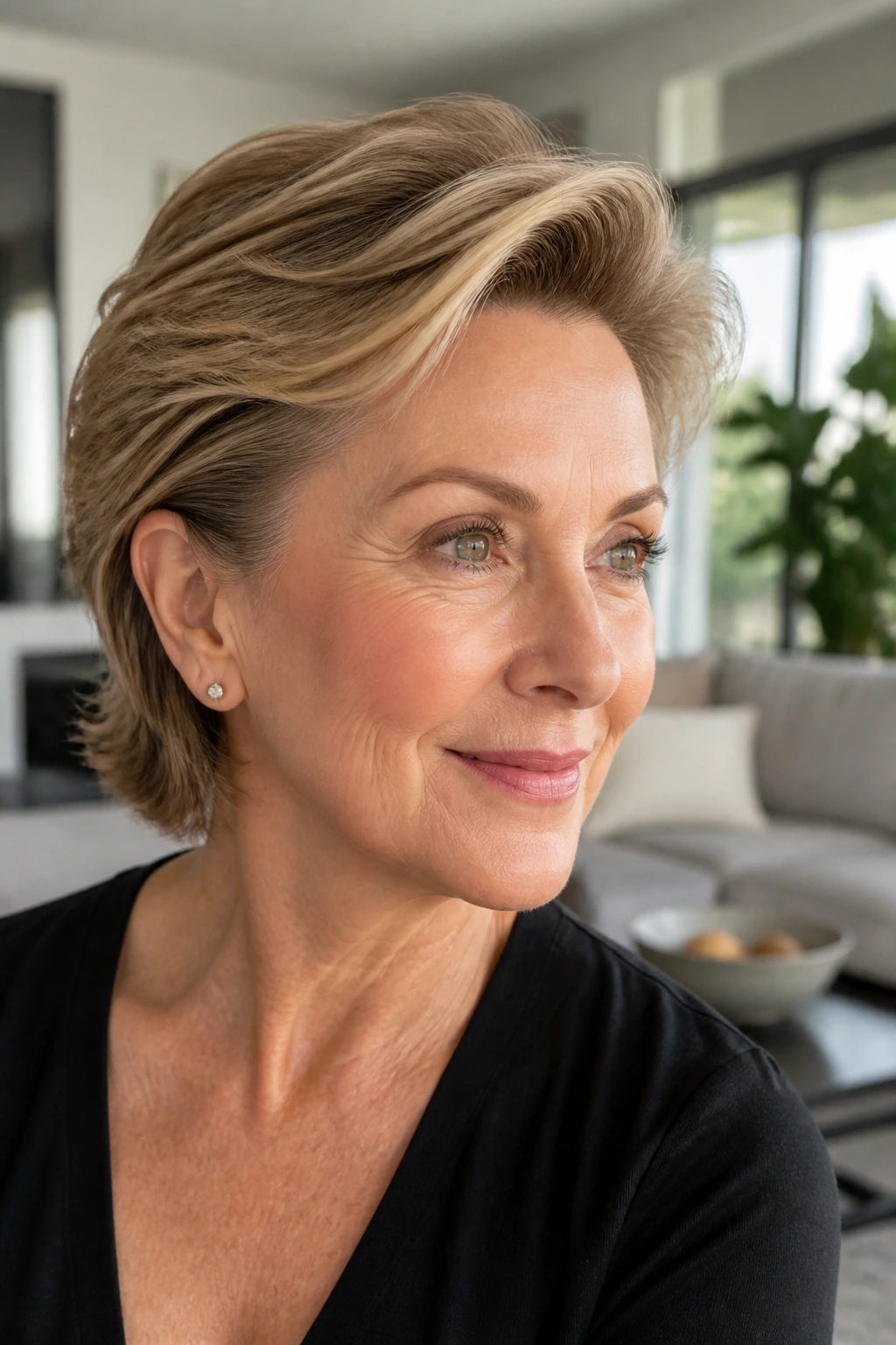 Close-up of a real woman with sweep-back fringe brushed away from the forehead