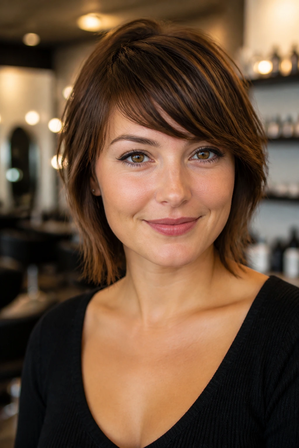 Portrait of a woman with swept fringe in modern salon backdrop