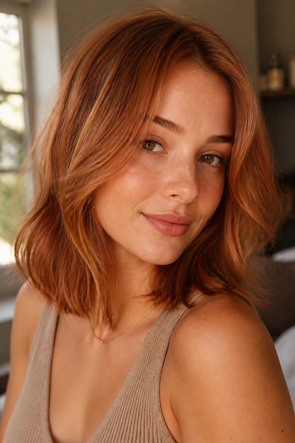 Real person with shoulder-length copper hair illustrating the copper sweet spot.