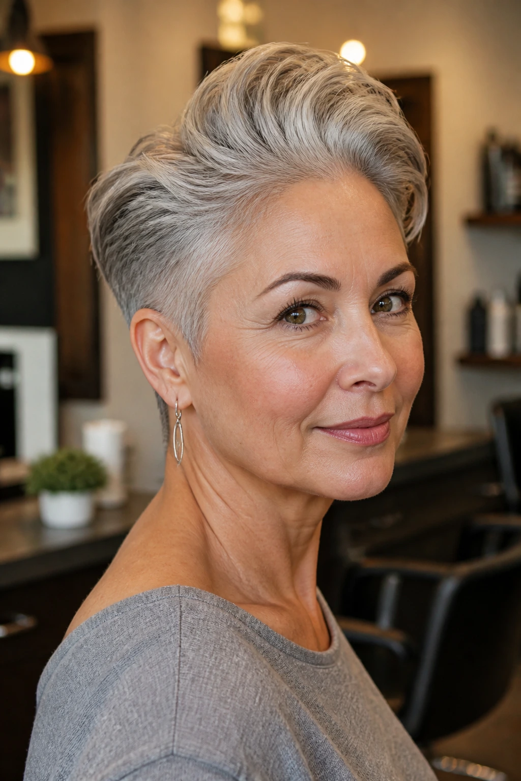 Close-up of a woman with swept-back cropped gray hair showing crown lift