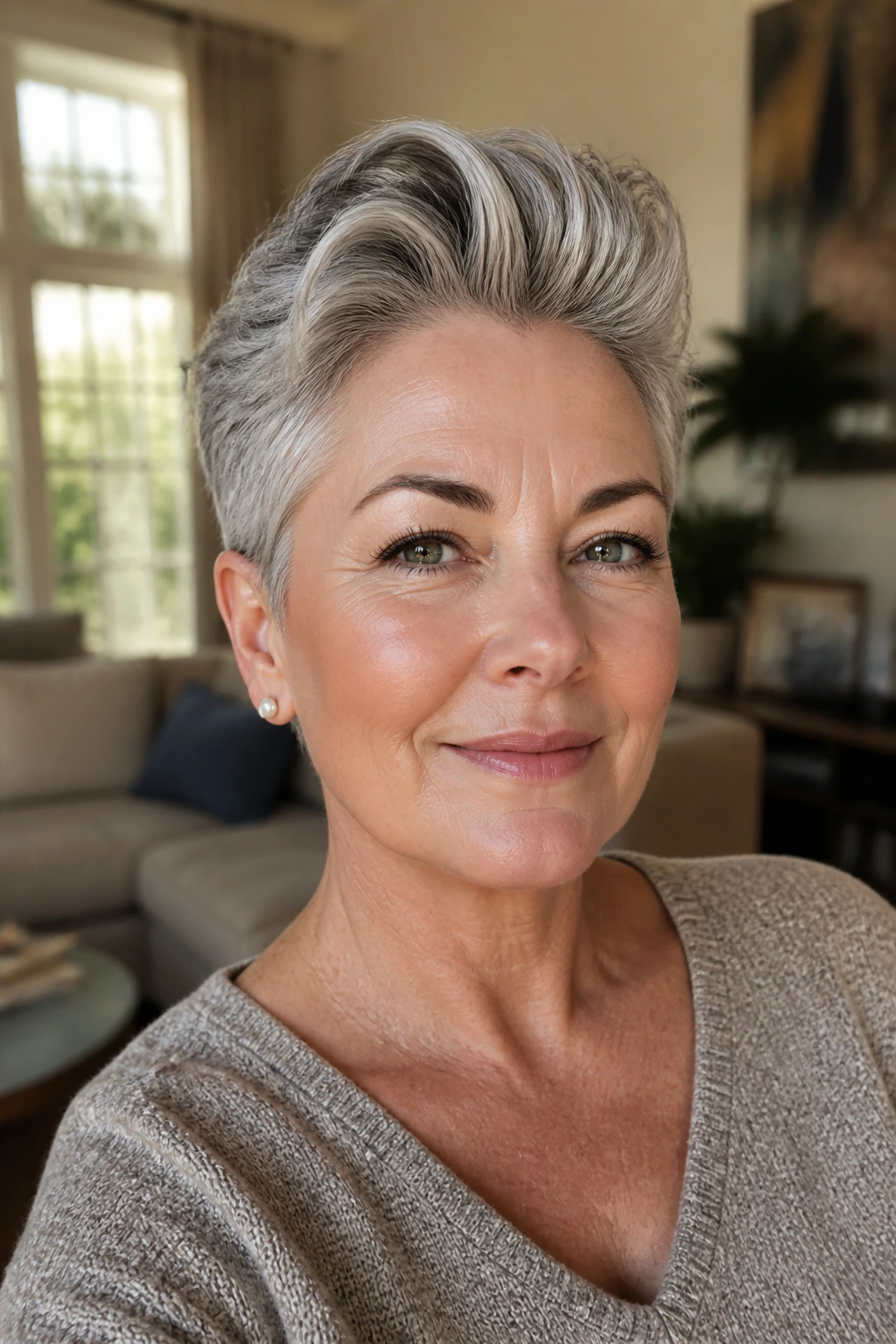 Close-up of a real woman with a swept-back crop and lifted front, brows and eyes visible in warm window light.