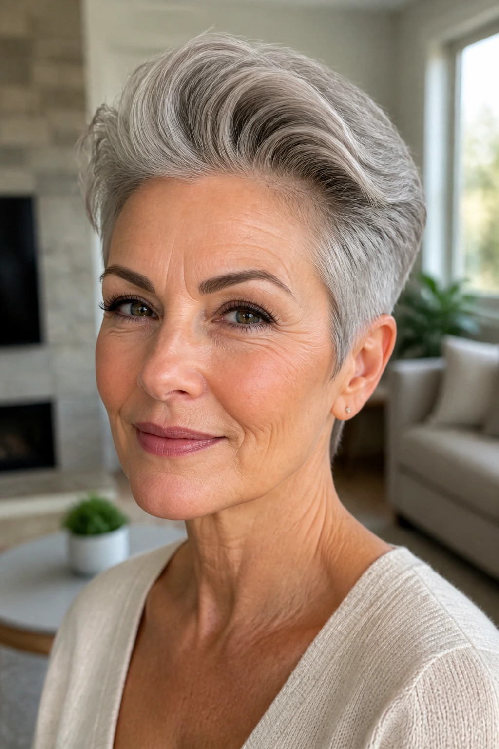 Close-up of a real woman with a swept-back crop hairstyle, hair brushed away from the face
