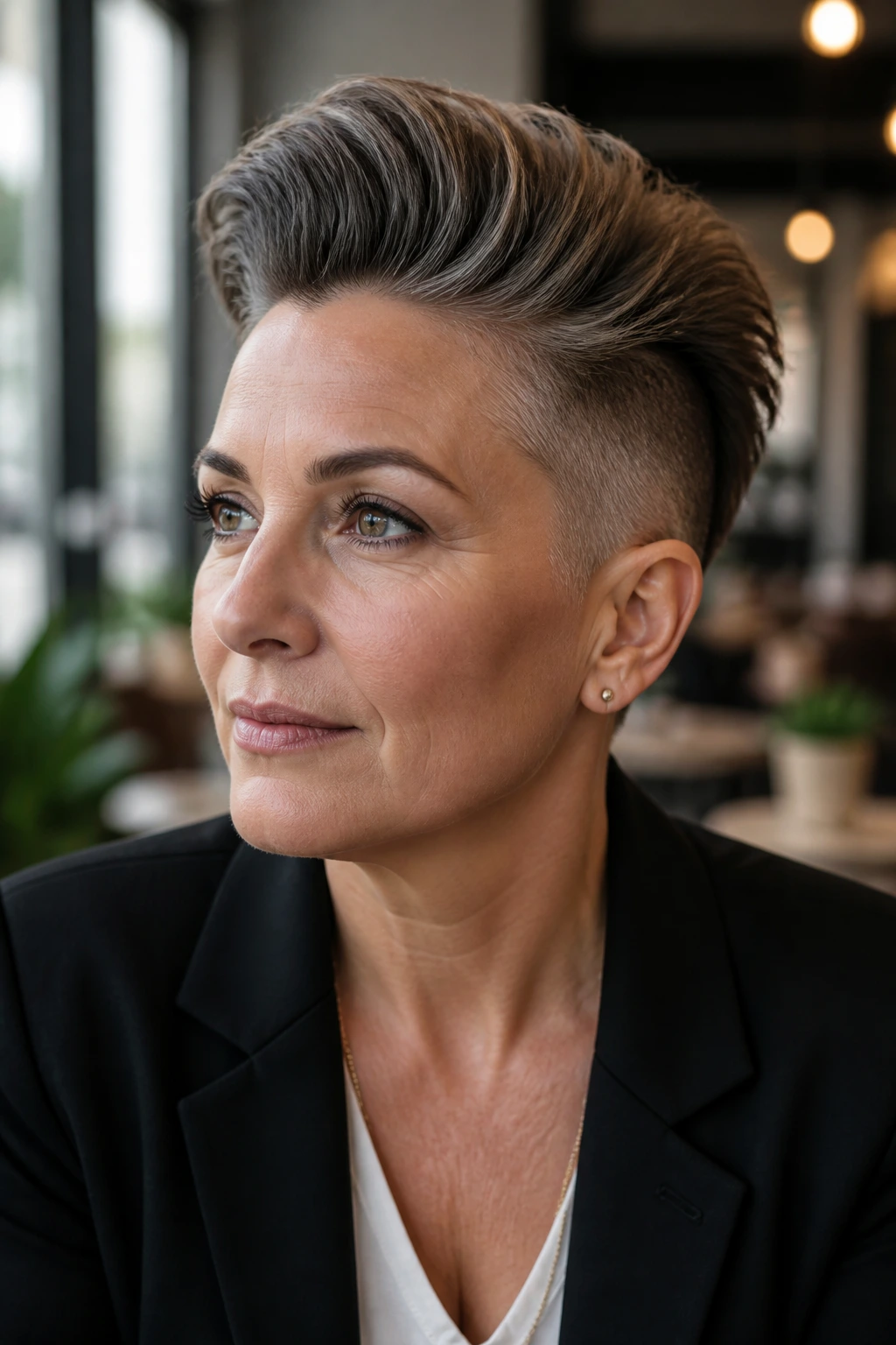 Close-up of a woman with a swept-back faux hawk in a cafe setting