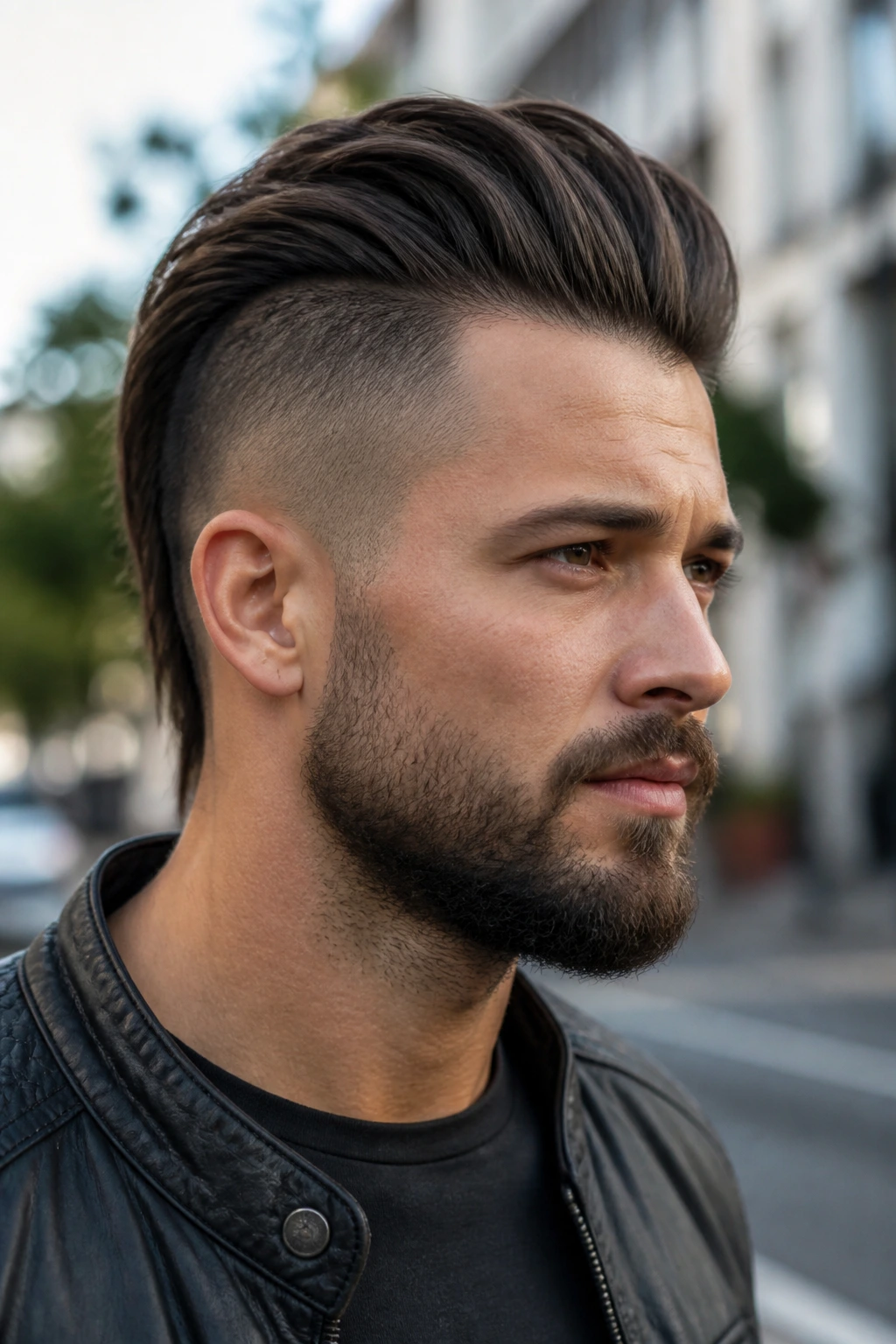 Close-up portrait of a real man with swept-back Mohawk