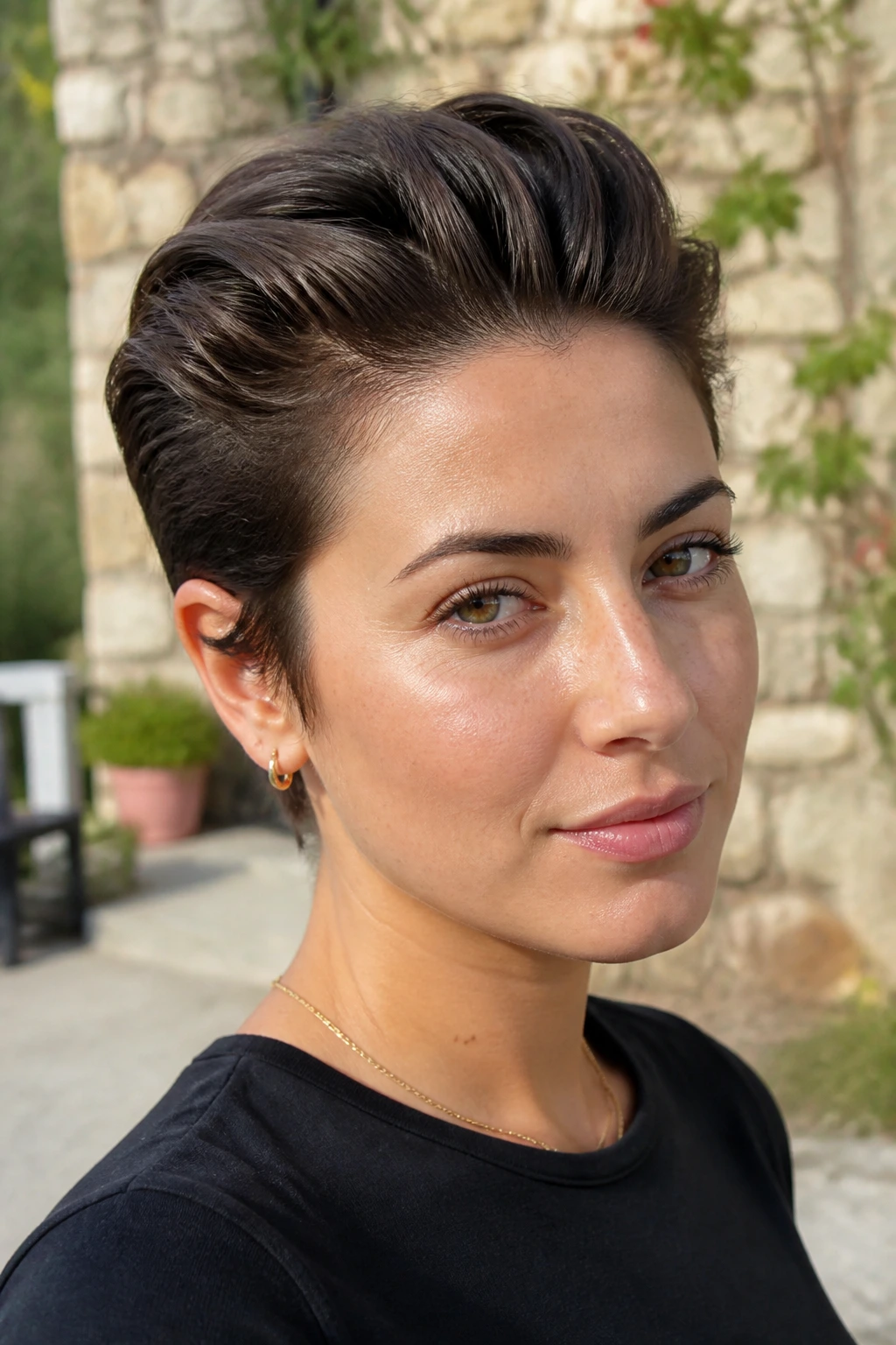Close-up of woman with swept-back slick pixie hairstyle