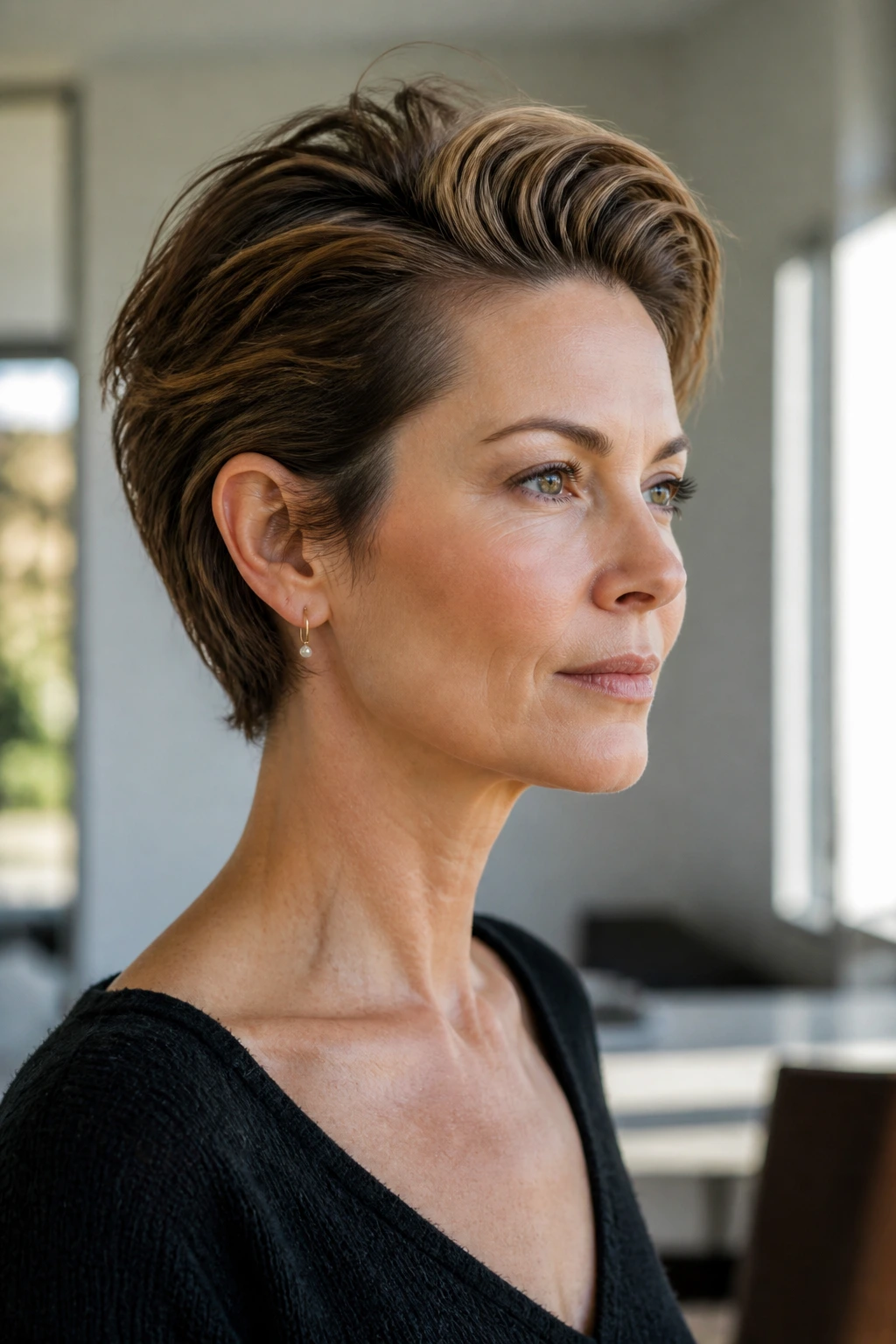 Close-up of a real woman wearing a swept-back pixie bob in daylight.