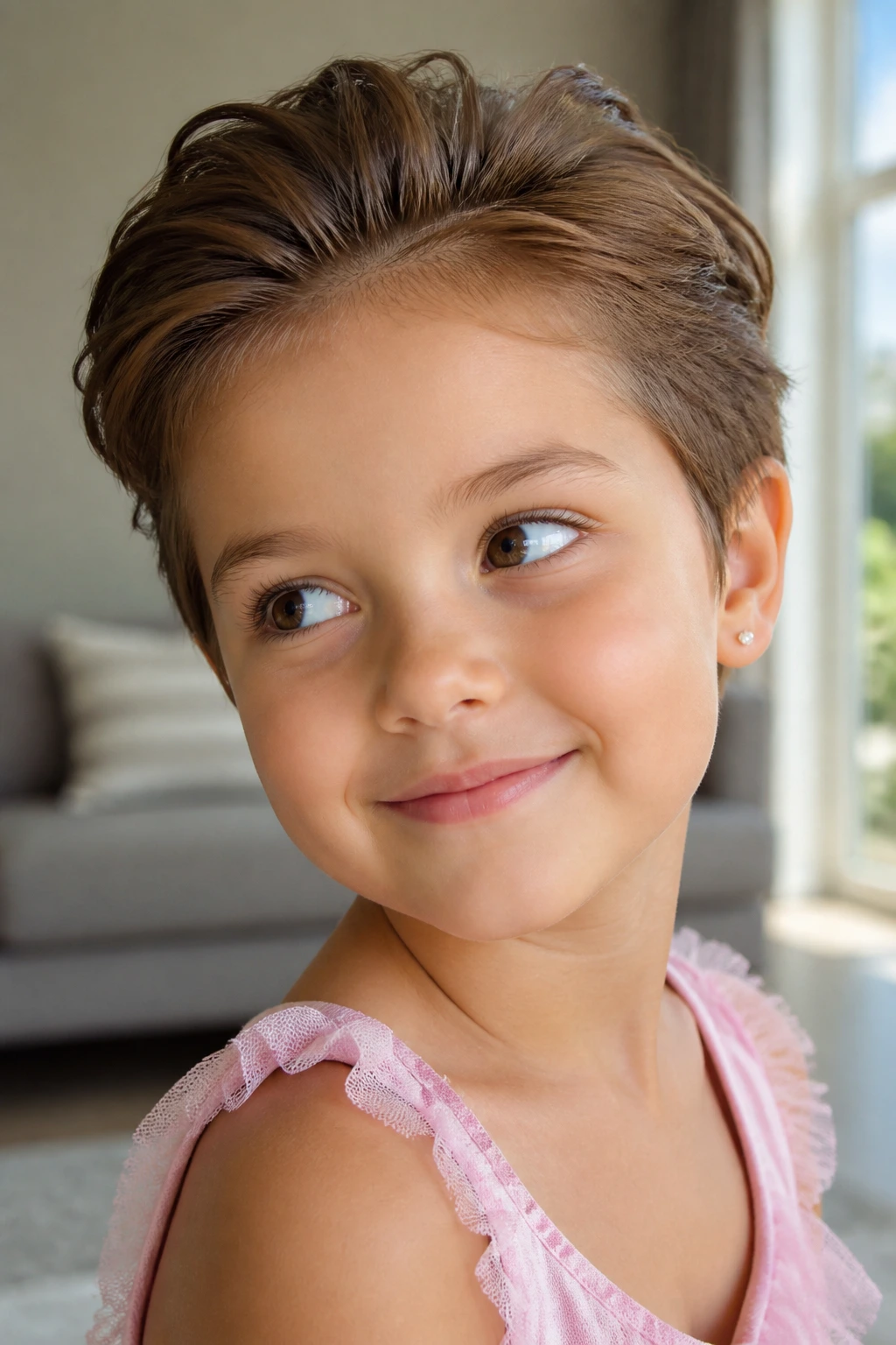 Portrait of a child with swept-back pixie, forehead open and hair brushed back