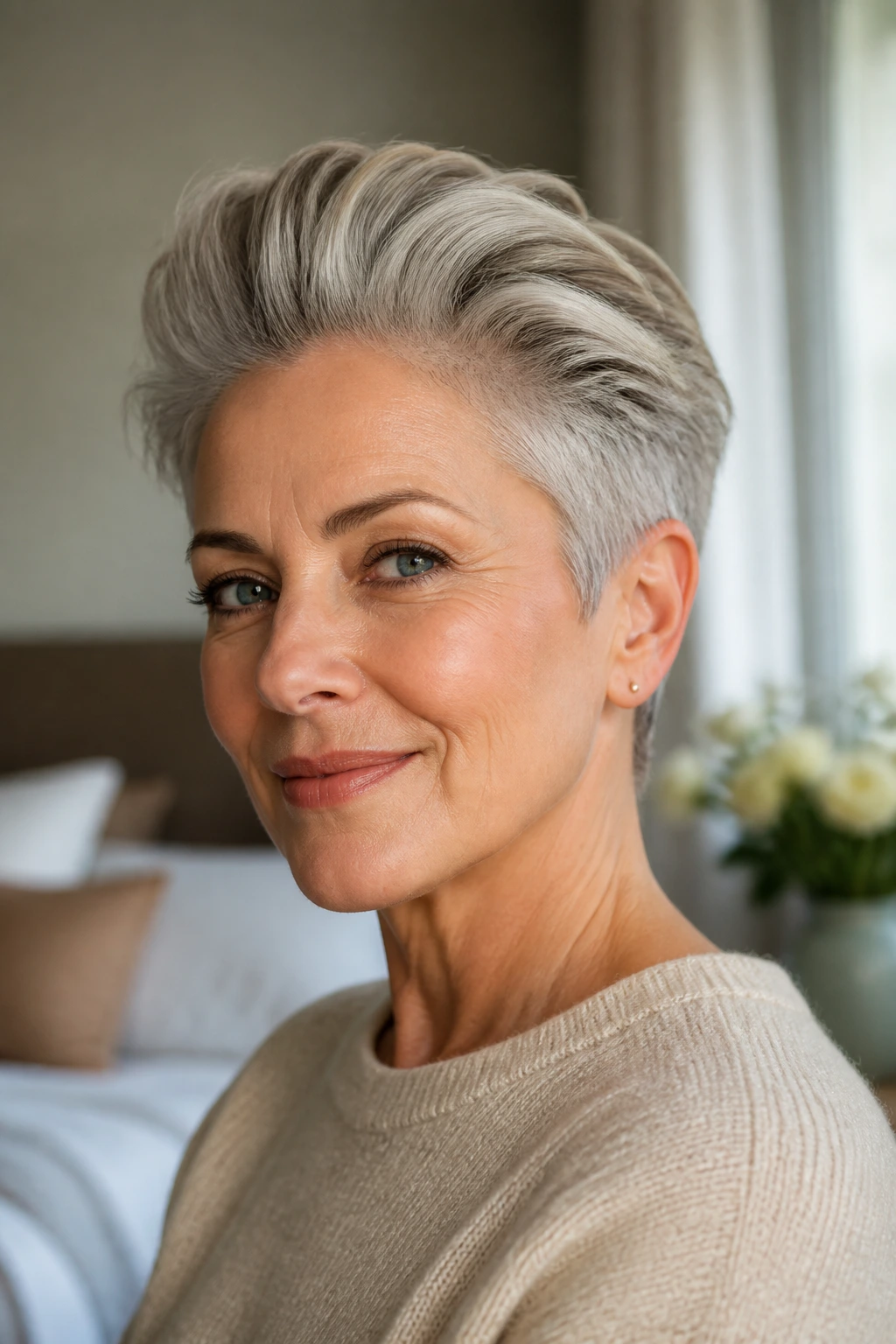 Close-up portrait of a real woman with a swept-back pixie hairstyle