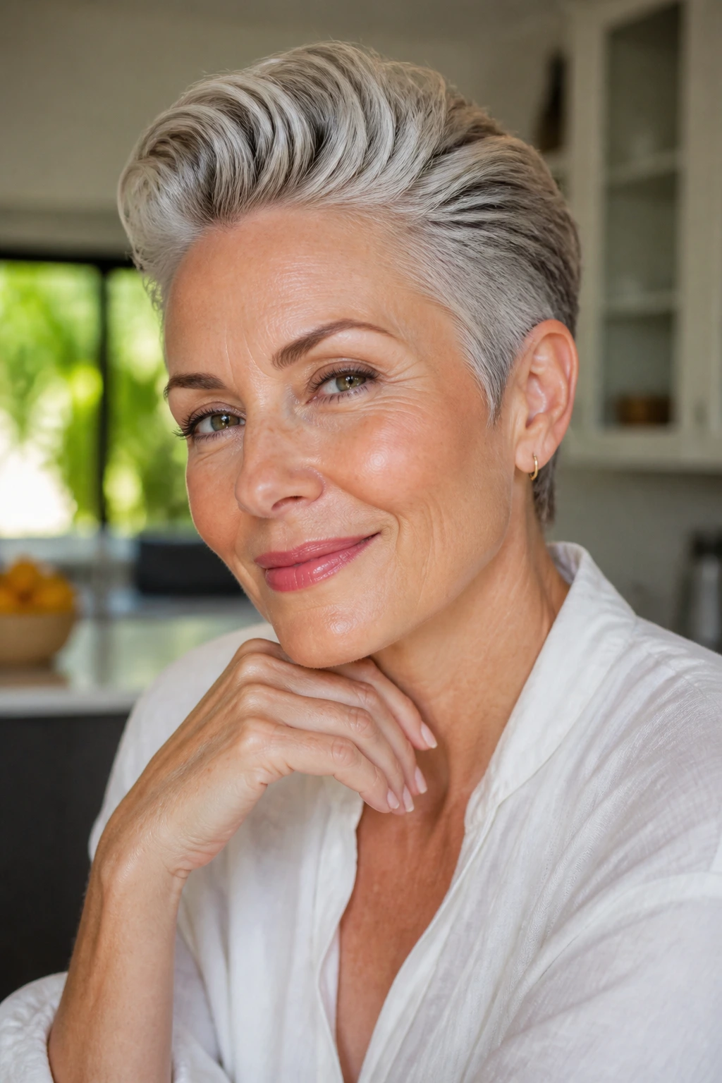Portrait of a woman with a swept-back pixie hairstyle.