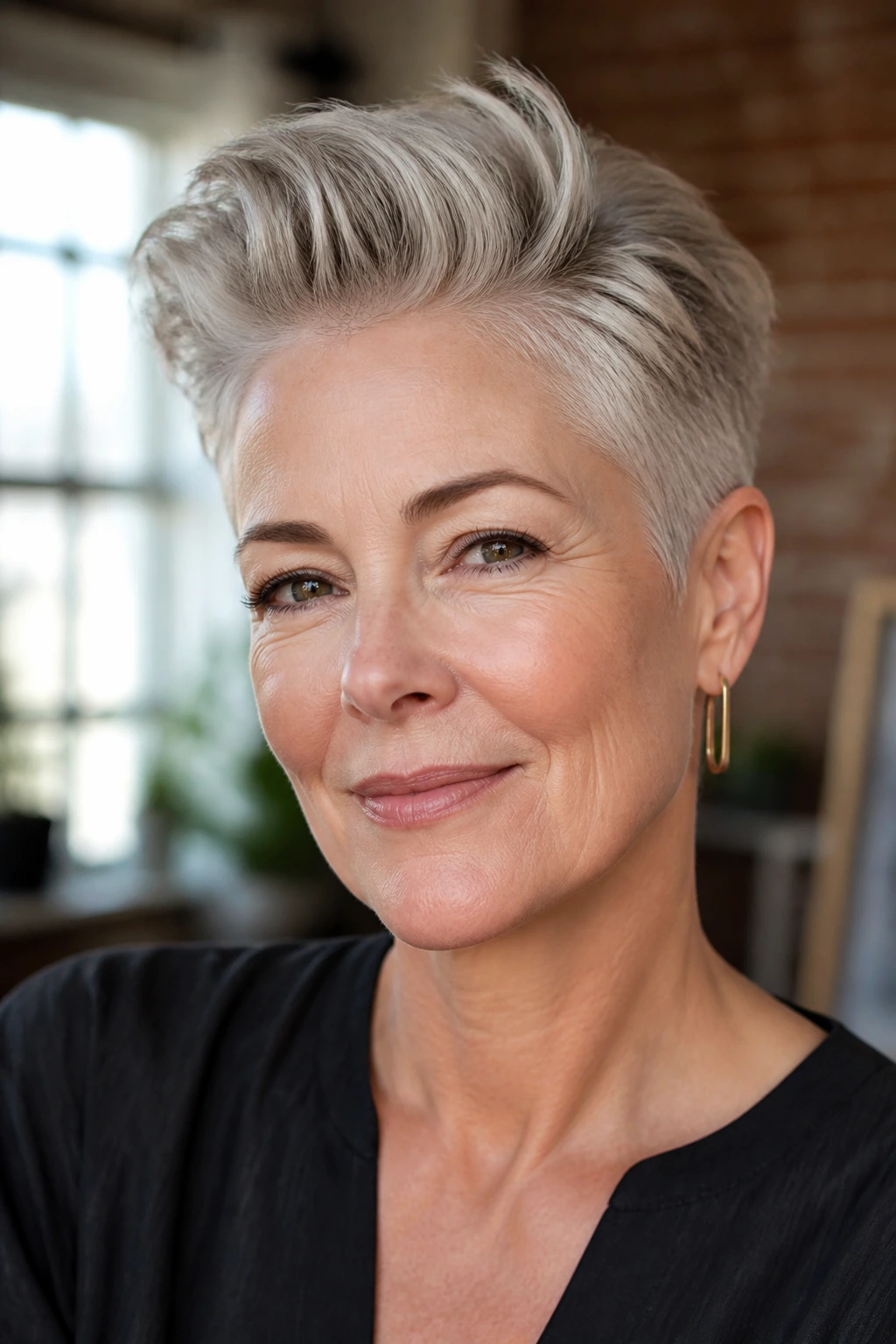 Close-up portrait of a real woman with a swept-back pixie hairstyle for extra height