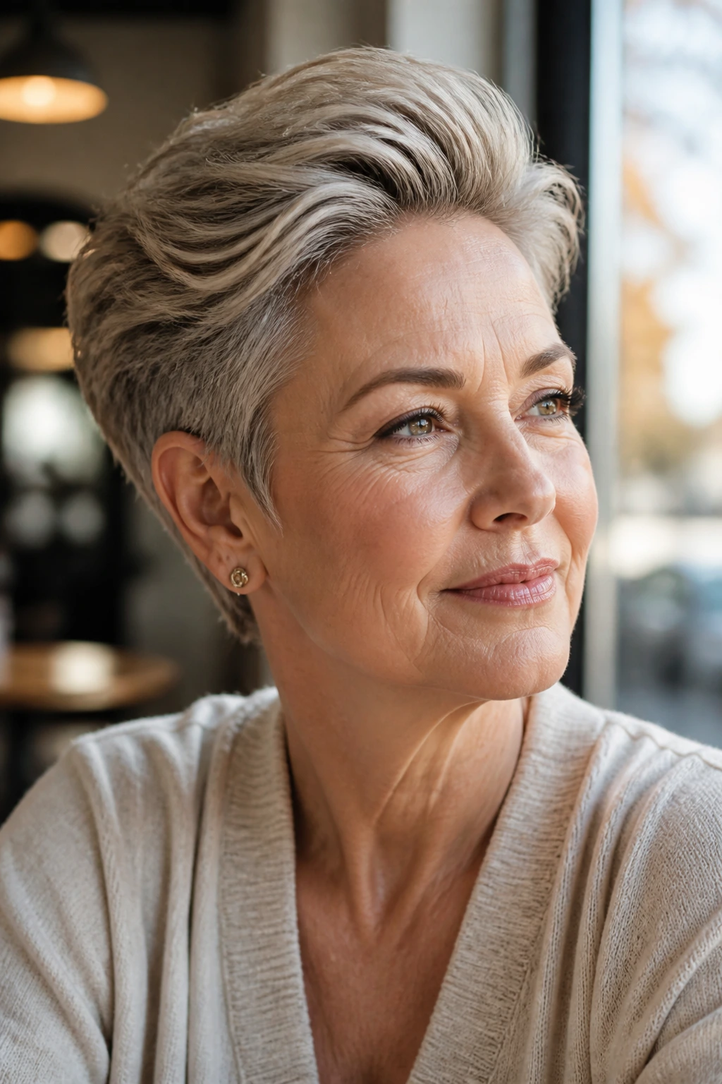 Real woman with swept-back volume pixie in sunlit cafe