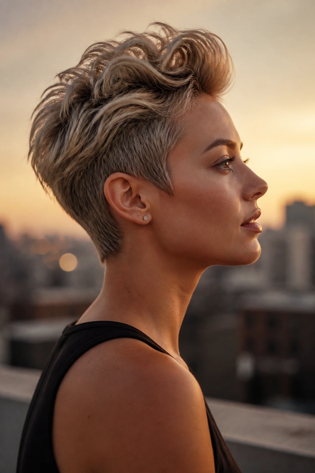 Side-profile real woman with swept-back quiff pixie hairstyle
