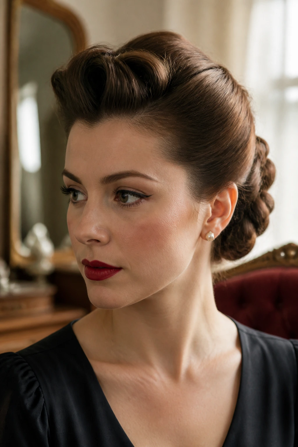 Close-up of a vintage swept-back roll-and-pin updo on a real woman with warm dressing room lighting