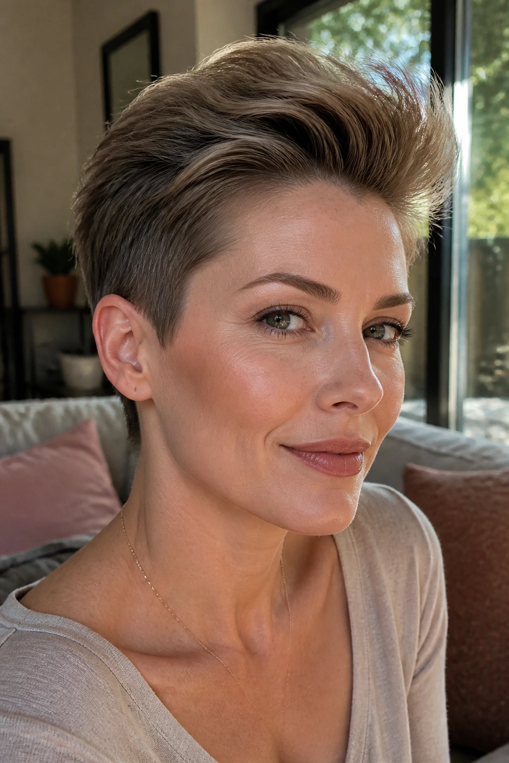 Close-up portrait of a real woman with Swept-Crown Volume Pixie under window light