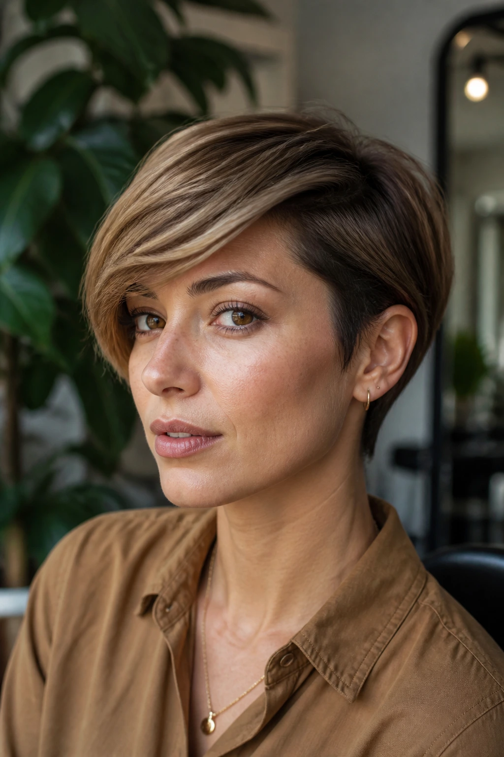 Portrait of a real person with swept-over fringe and visible underlayers