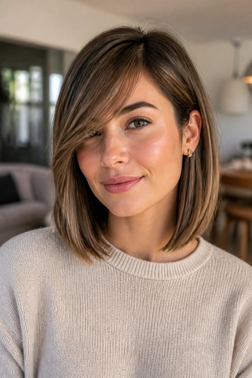 Close-up portrait of a real woman with swept-over side bangs on a straight lob