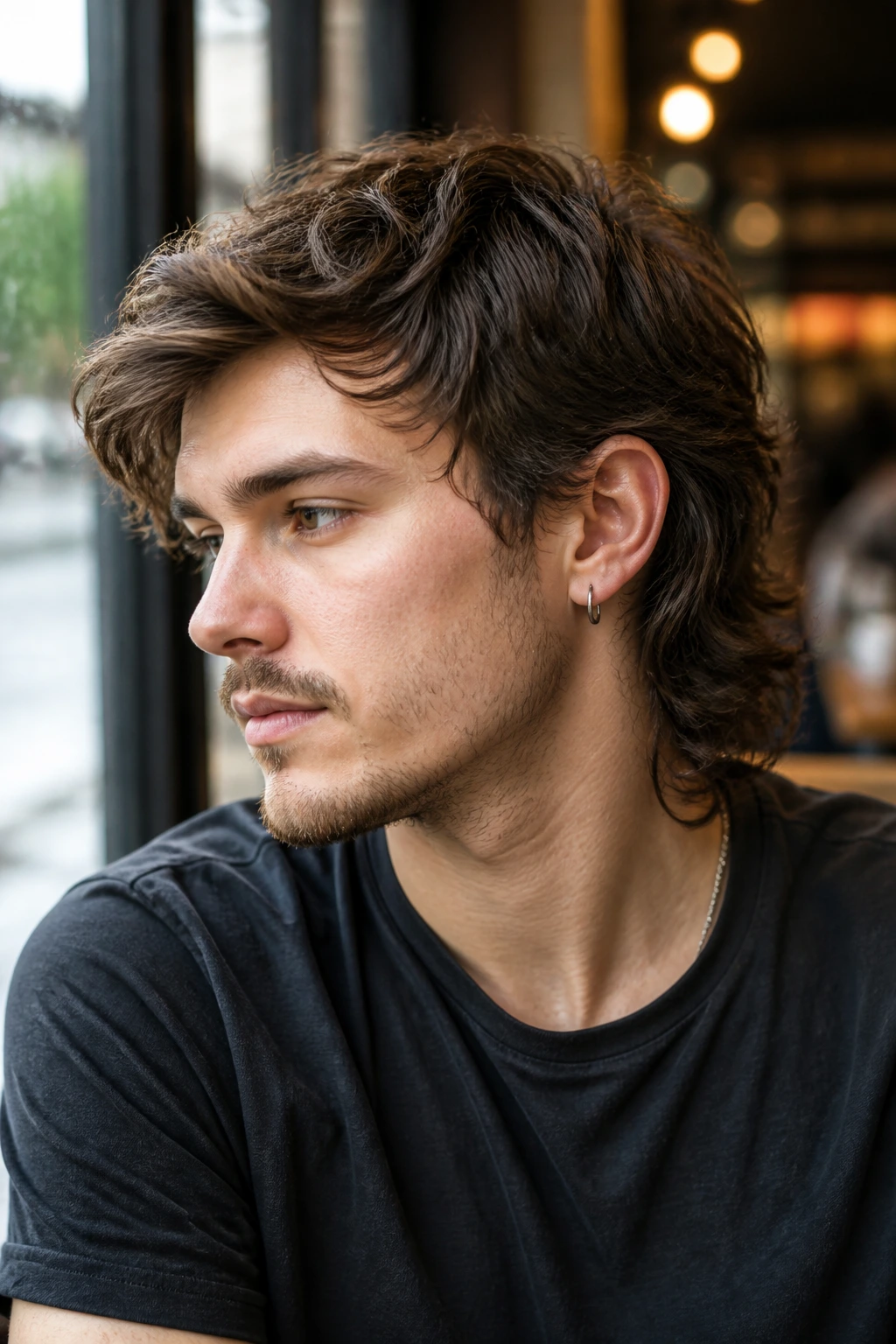 Close-up portrait of a real person with swept-over mullet under natural cafe light.