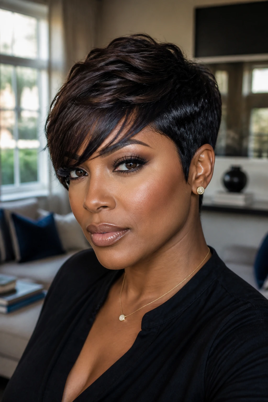 Close-up of a Black woman with a side-swept pixie highlighting the front sweep