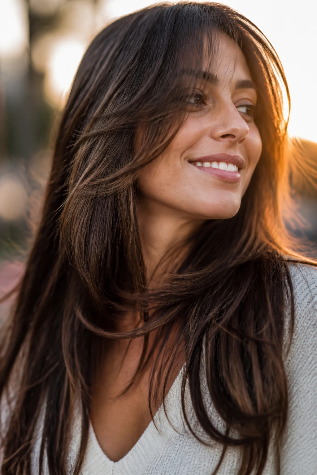 Portrait of a woman with swingy face-framing layers during golden hour outdoors