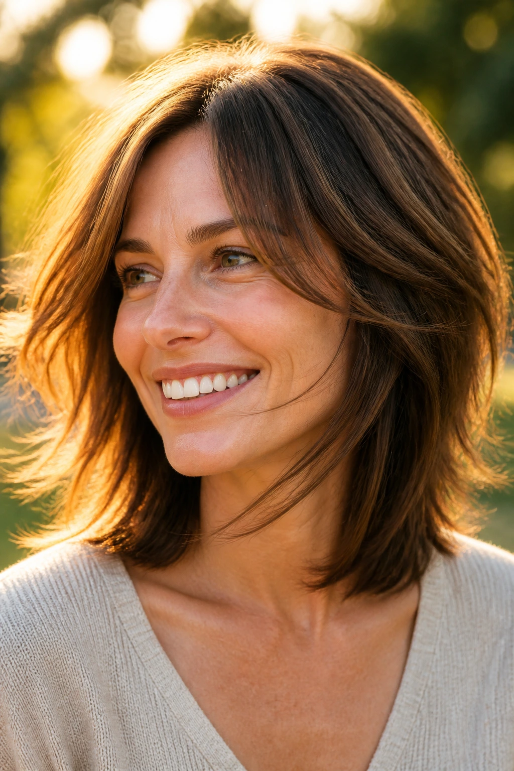 Portrait of a woman with swingy layered hairstyle outdoors during golden hour