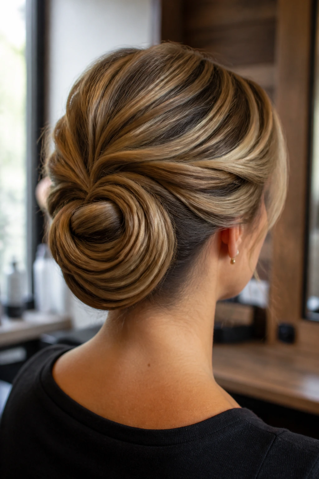 Close-up of a swirled chignon showing arc-like swirls at the back of the head on a real person