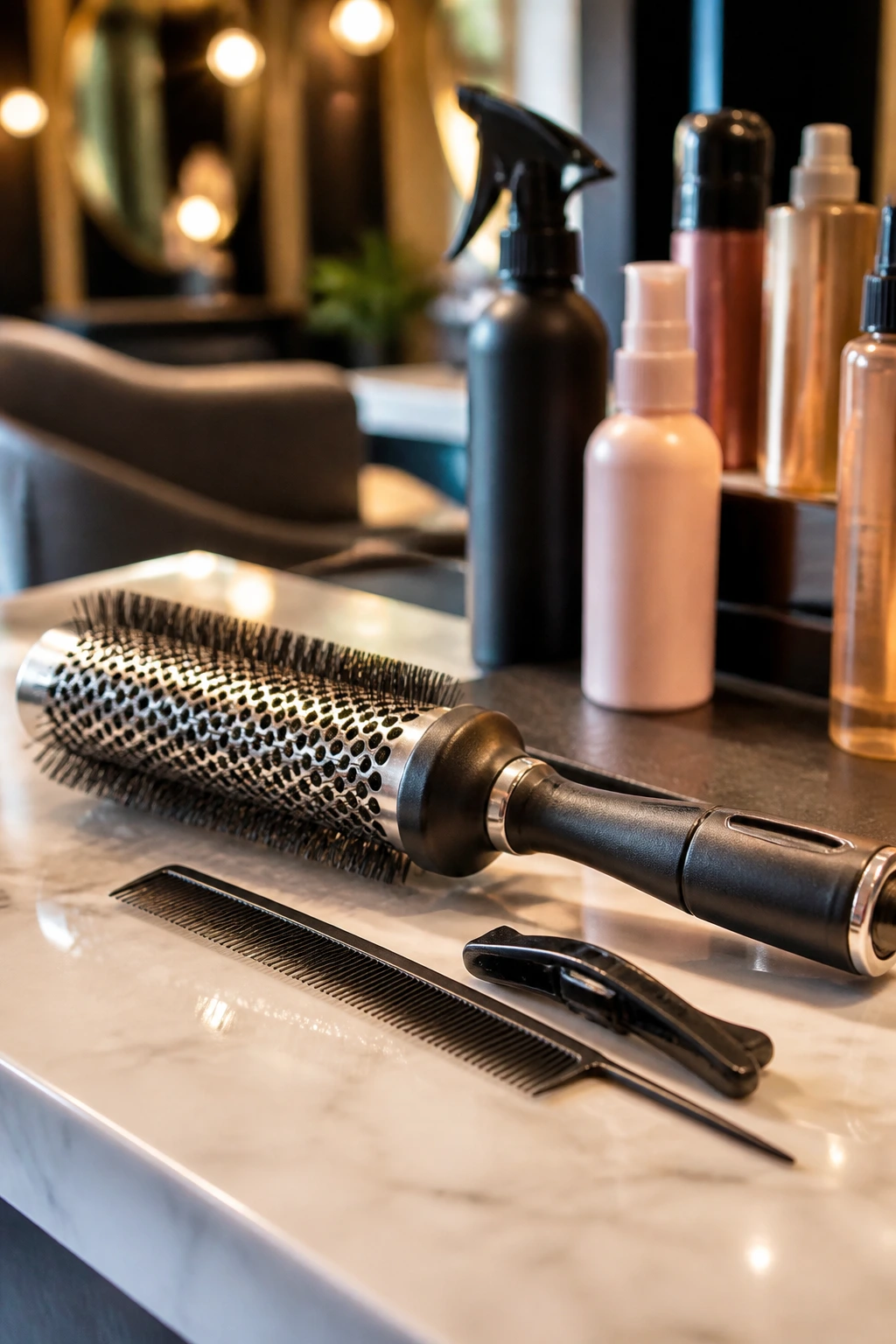 Close-up of essential swoop bang tools on a salon counter