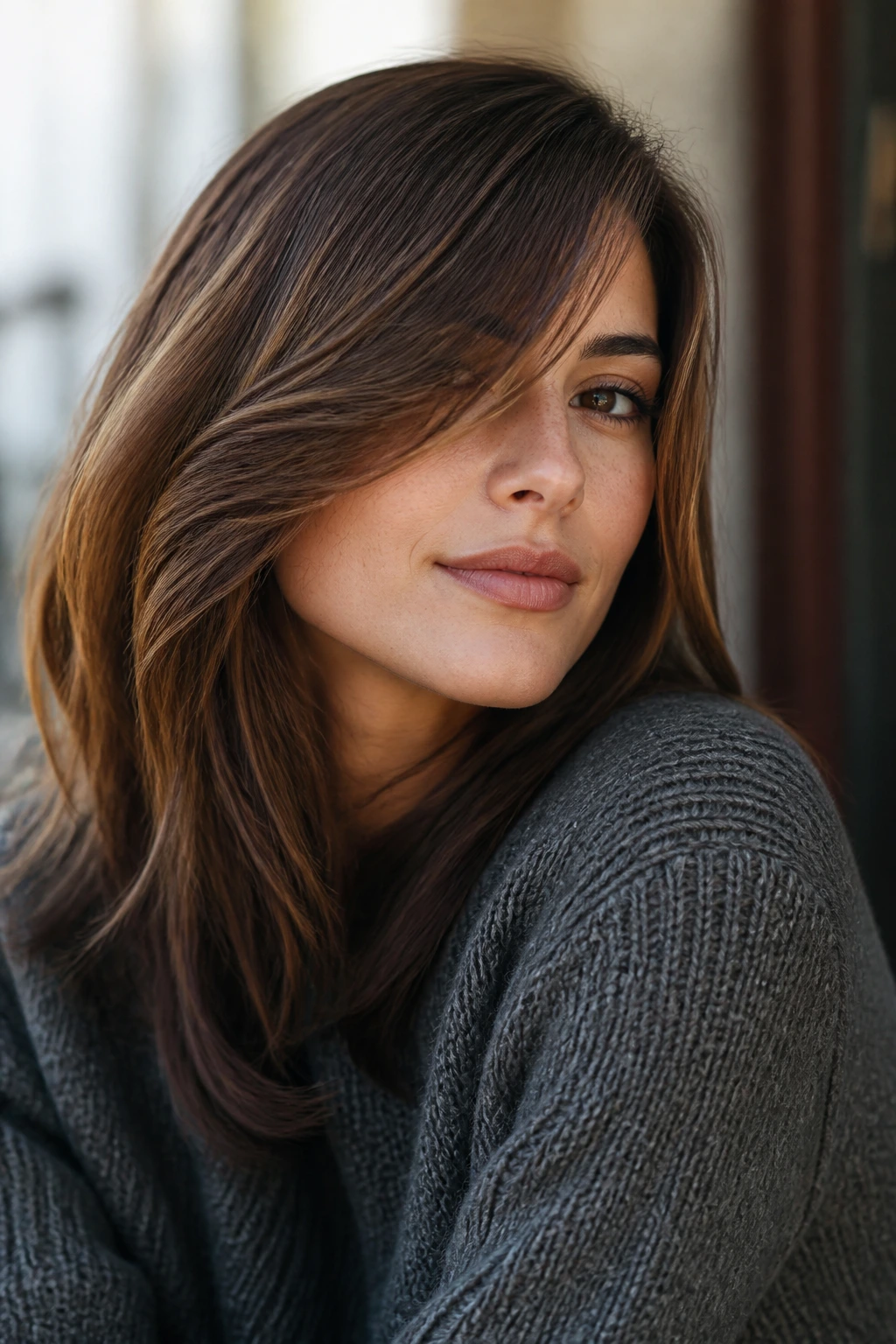 Close-up of a real woman with a deep side-swept swoop across the forehead