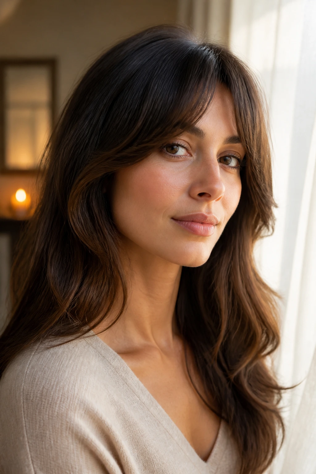 Close-up portrait of a woman with swoop bangs framing her face in warm window light