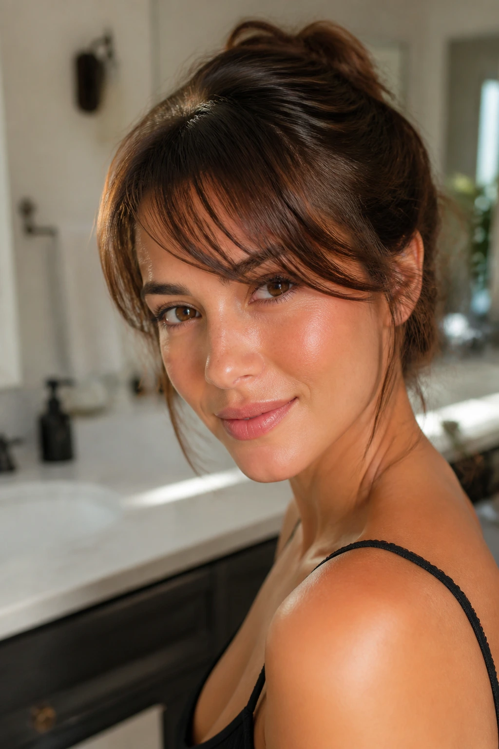 Close-up of a woman with swoop bangs styled for a quick morning routine