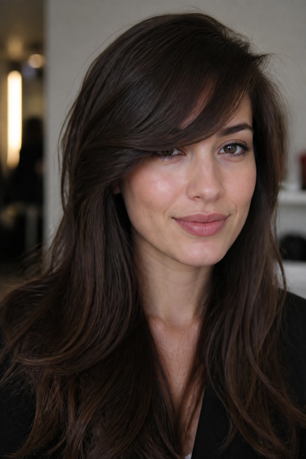Portrait with swoop fringe on thick hair