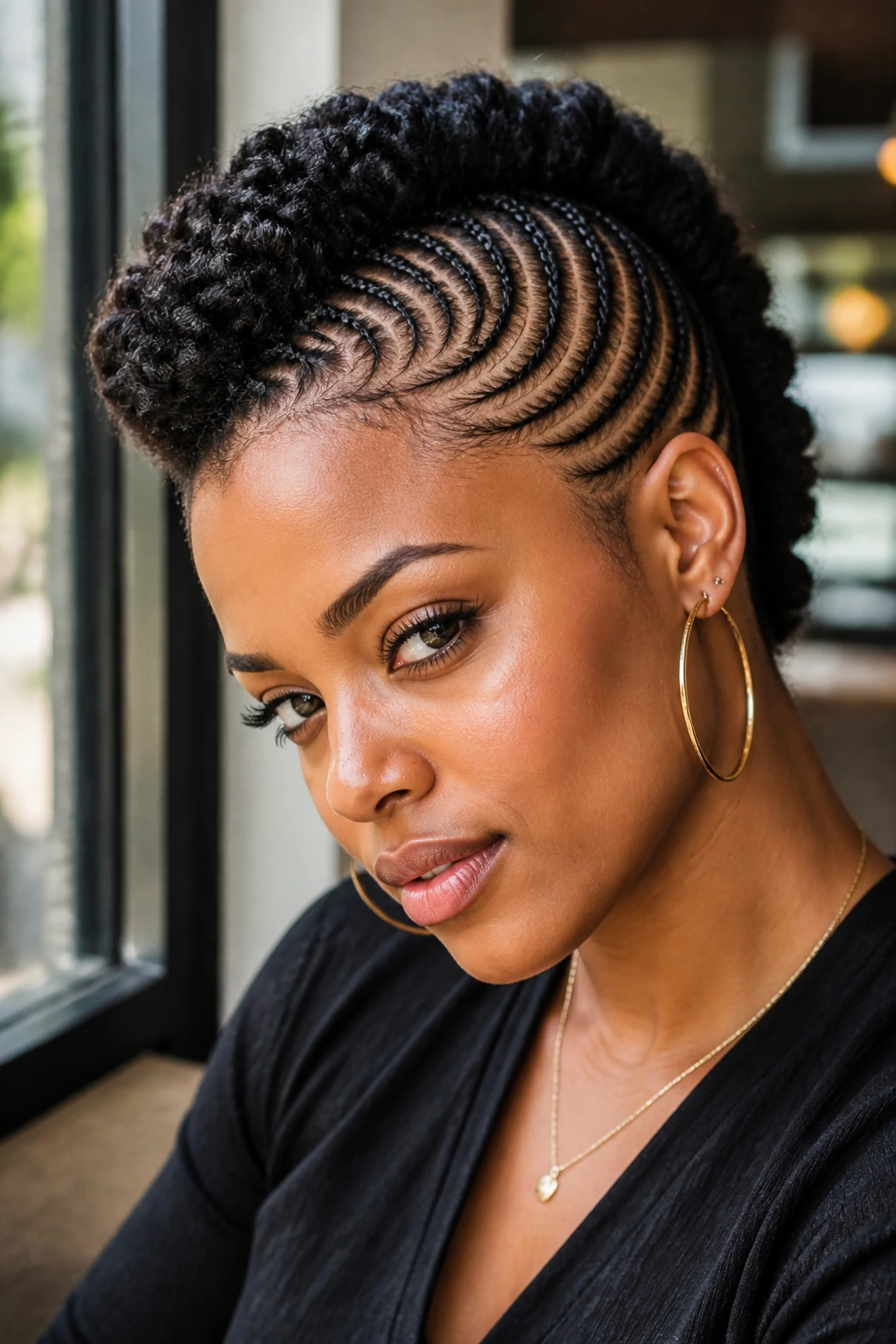Close-up portrait of a person with sculpted swoop braided mohawk.