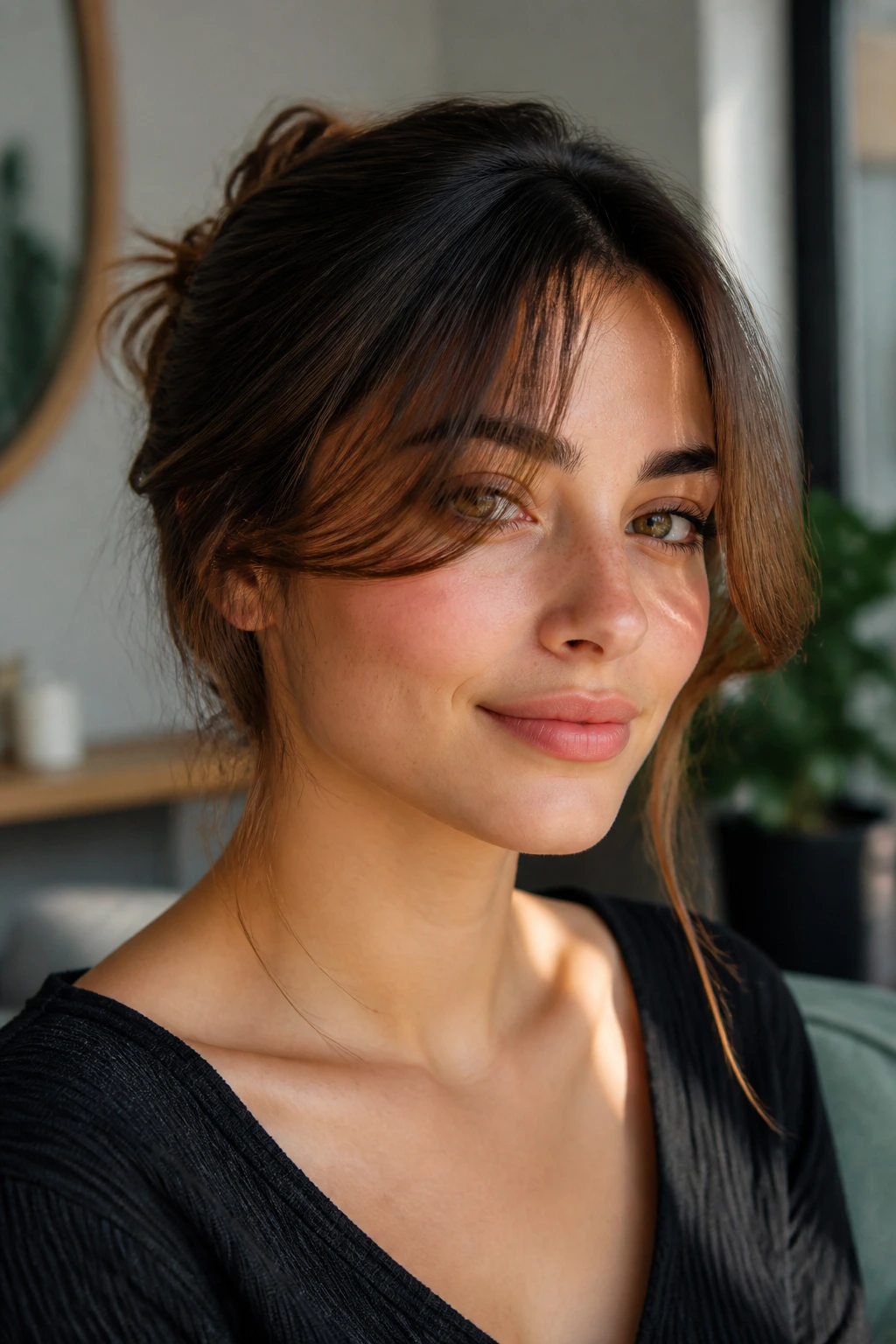 Portrait of a woman with Curtain-Soft Drift swoop variation