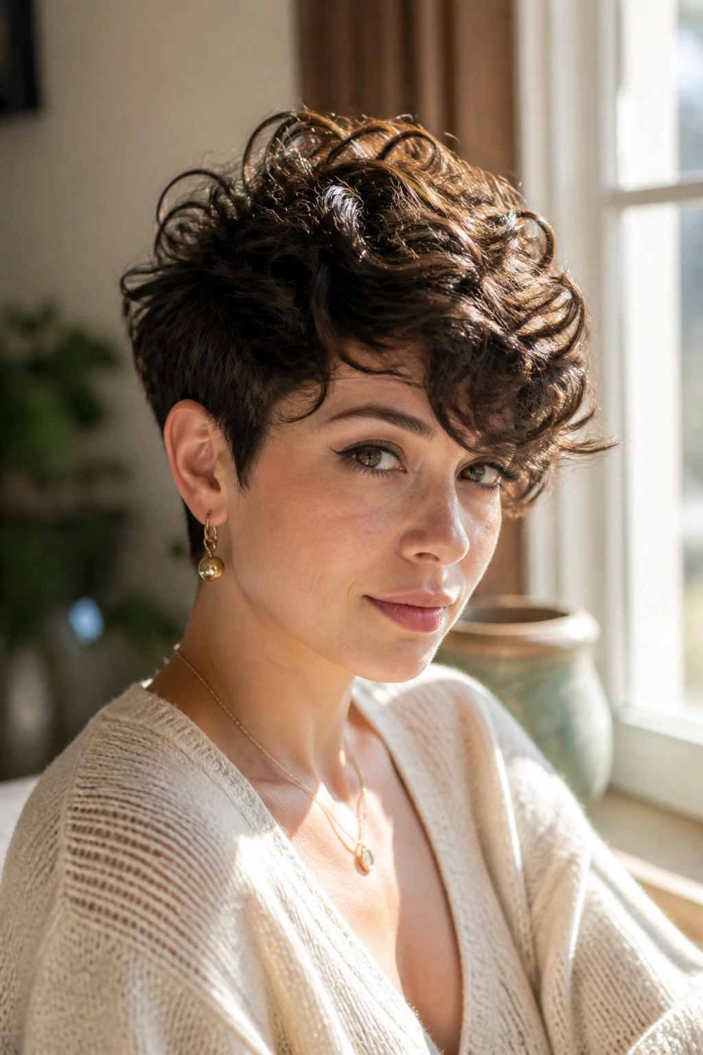Real woman with Swooped Fringe Pixie, dramatic fringe in a sunlit window seat