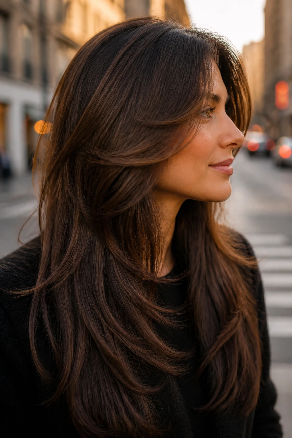 Side-profile of a real person with swooped face-opening layers