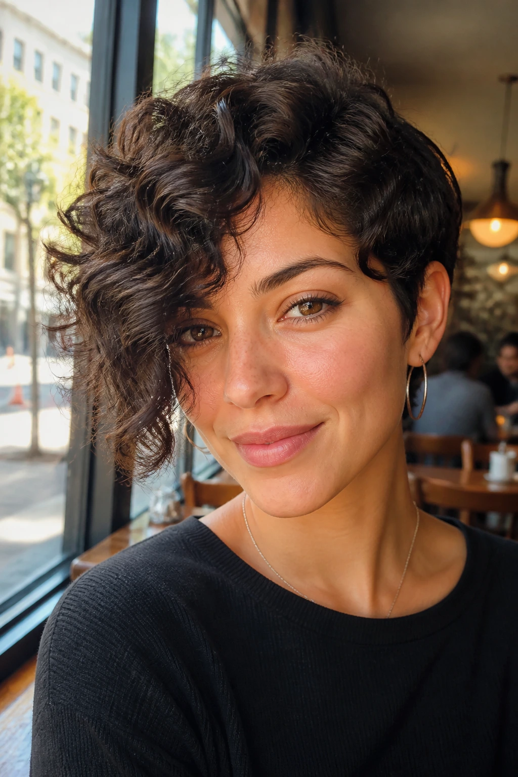 Close-up of a real person with swooped side-fall curly hair