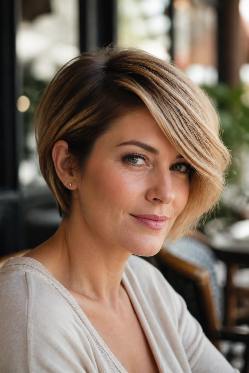 Close-up portrait of a real person with swooped side-part bob