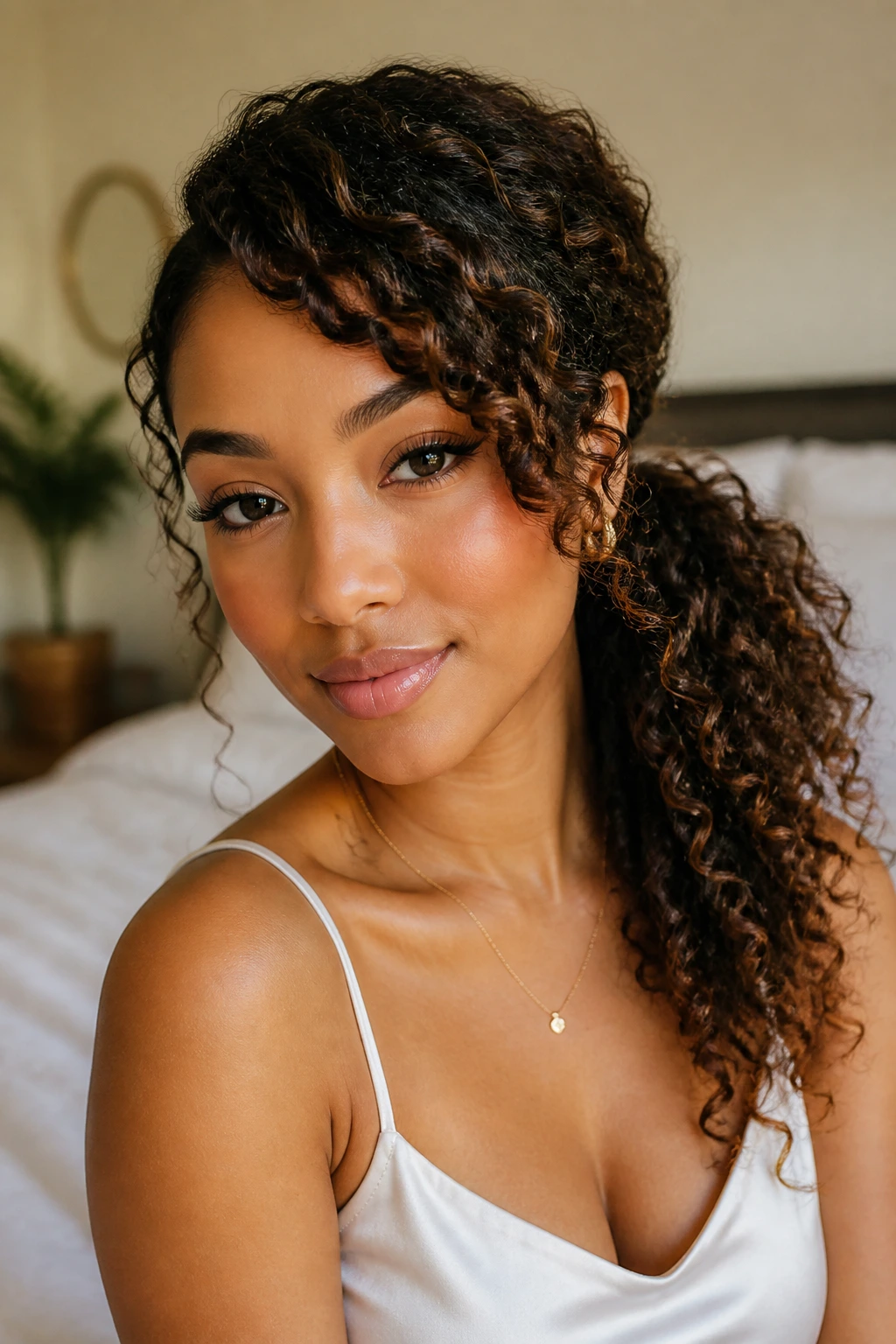 Close-up of a real woman with a swooped side ponytail and front swoop in warm window light