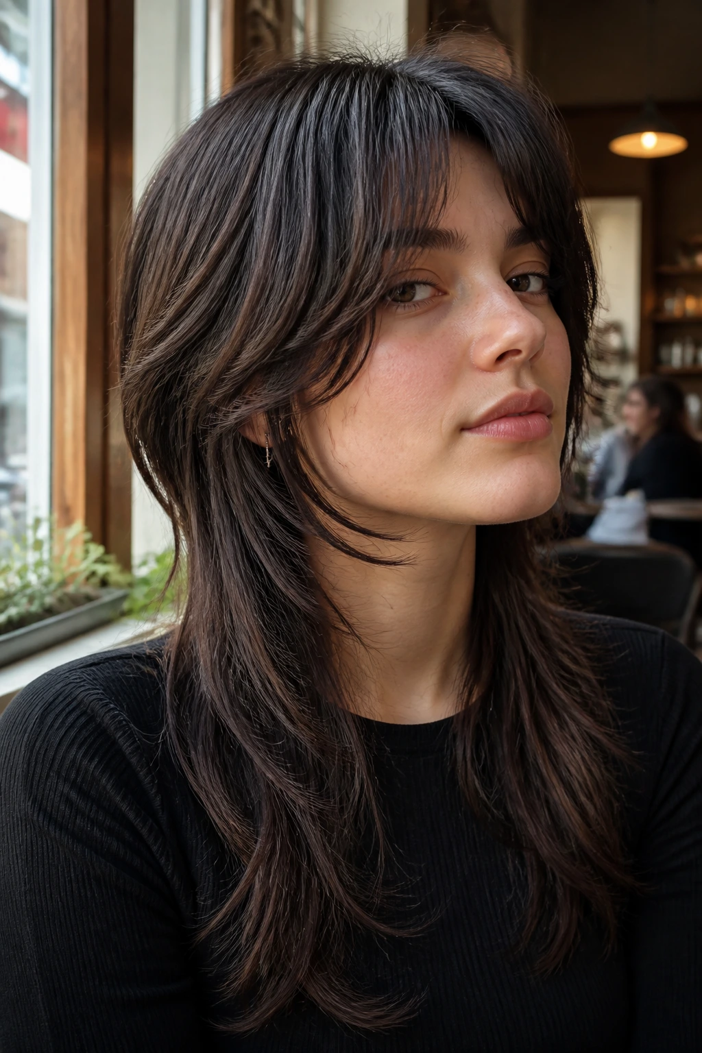 Close-up of real person with swooping face-frame mullet in cafe window light