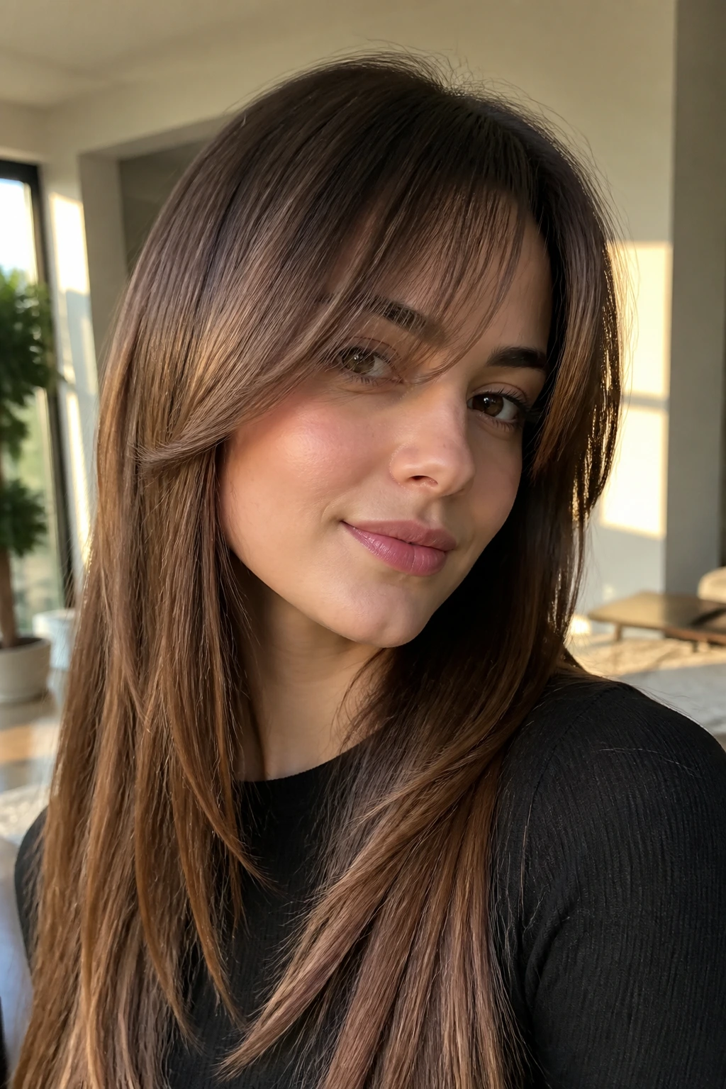 Close-up of a real woman with swooping layered bangs across the forehead in a sunlit room