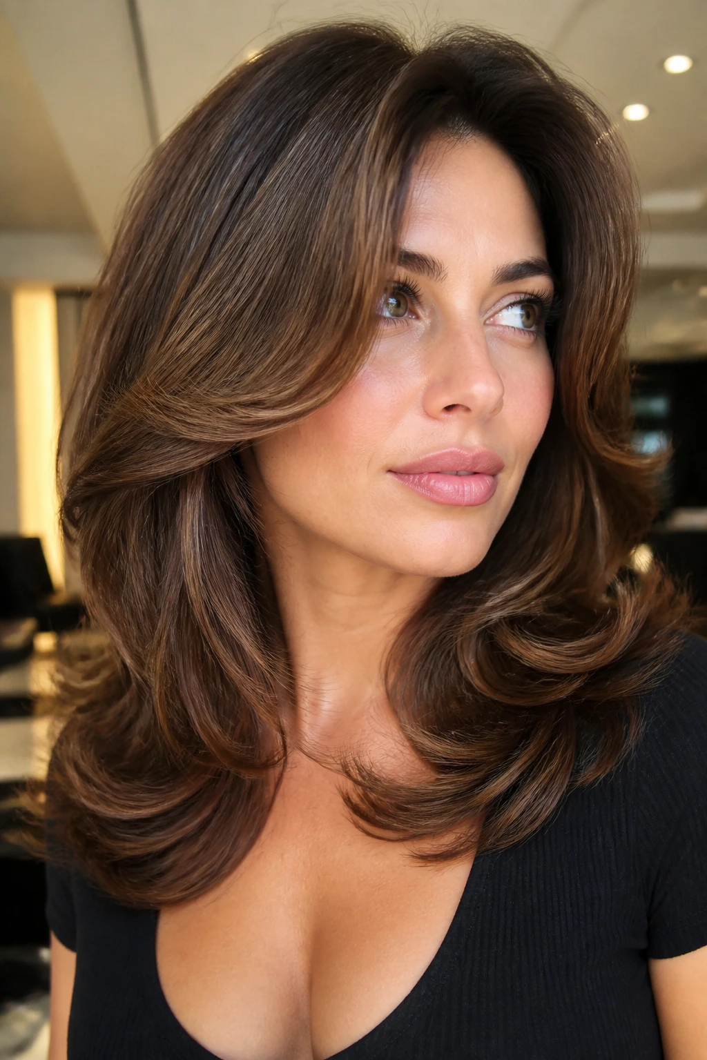 Real woman with swoopy 90s blowout layers and glossy finish.