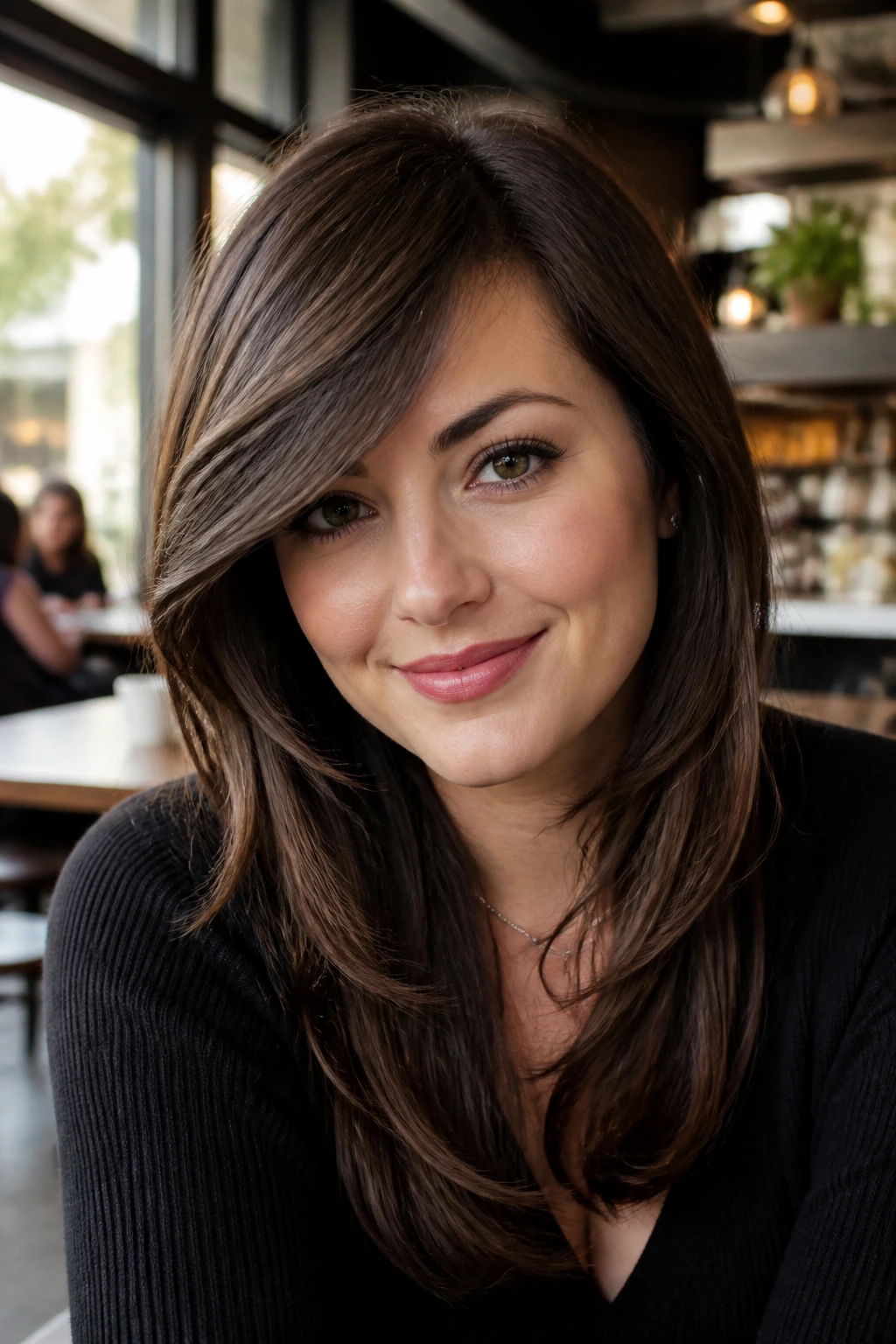Portrait of a woman with swoopy bangs sweeping diagonally across the forehead.